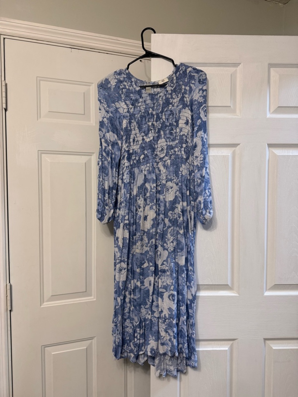 Blue Floral Long-Sleeve Smocked Midi Dress